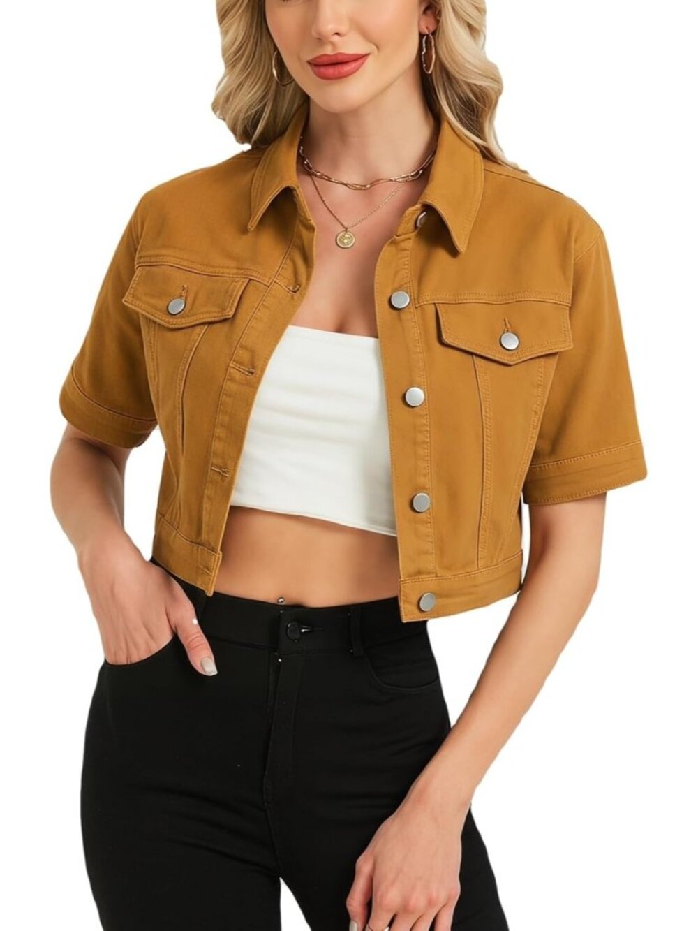 Women's Brown Cropped Denim Jacket Short Sleeves Button Down Jean Jackets